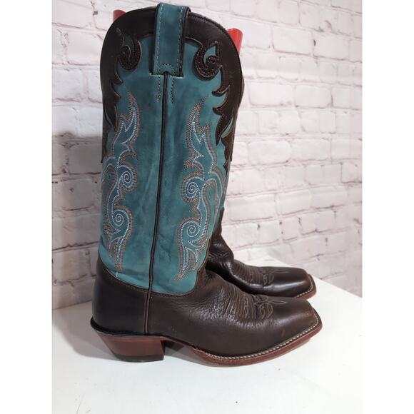Justin Boots Style L2696 Brown And Teal Leather Cowgirl Western Women Size 6.5 - Picture 2 of 16